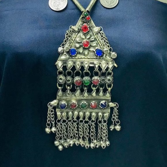 Silver Vintage Long Pendant Necklace with Coins Handmade Afghan Pendant Necklace - Picture 2 of 11